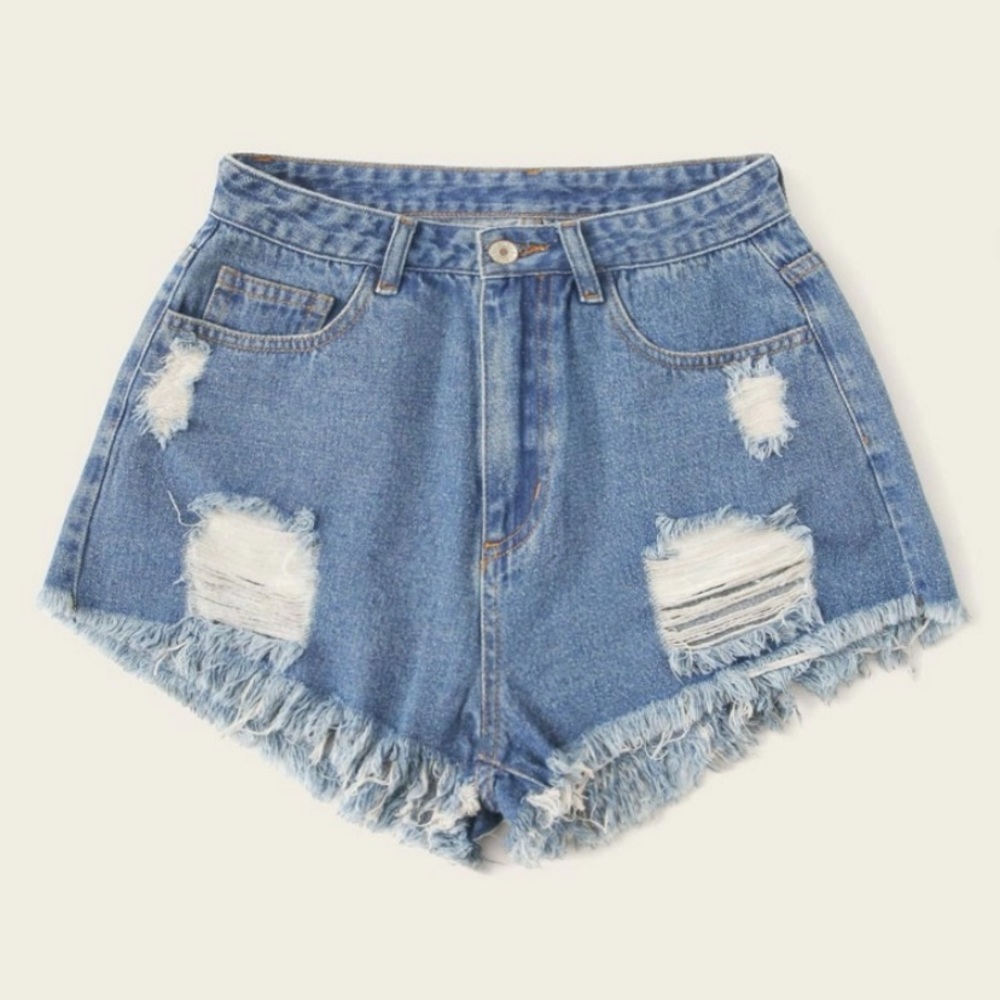 Hot Girl Mid Rise Denim Ripped Jean Shorts Women sizeS Straight Leg Medium Wash